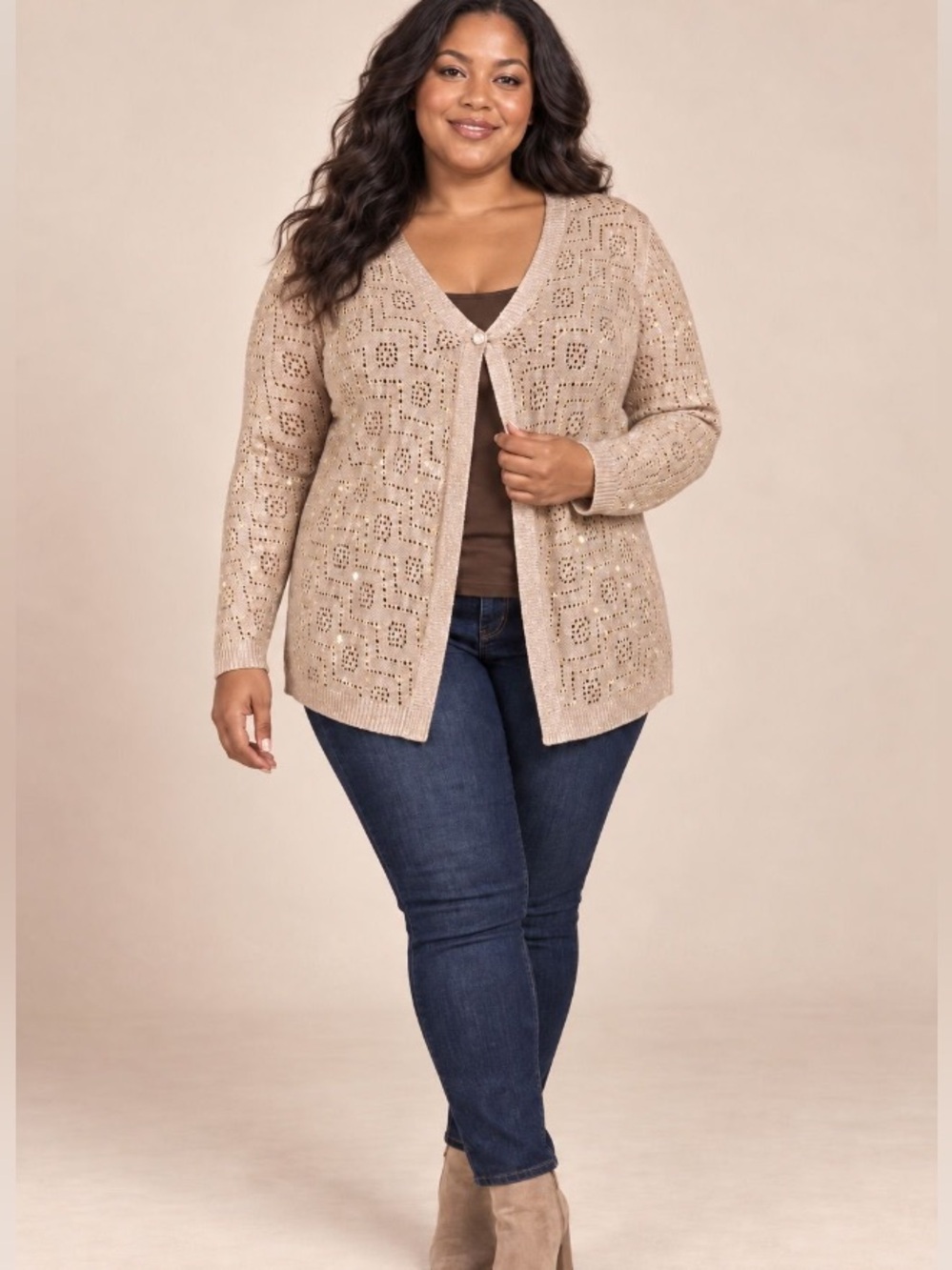 🆕 Jason Maxwell Openwork V-Neck Plus-Size Cardigan